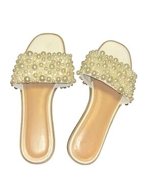 A New Day Women’s Pearl Slide Sandals Ivory Embellished Flats flip flops size 9